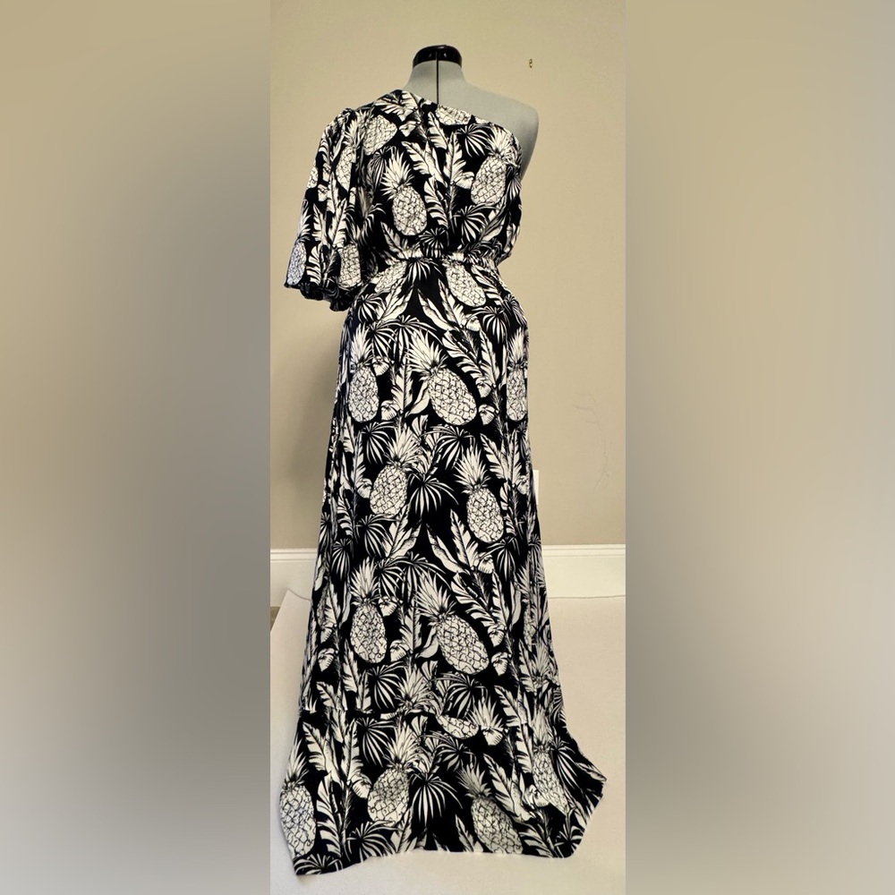 Elie Tahari One Shoulder Maxi Dress NWT Black Ivory Pineapple Tropical Size 6 - Picture 2 of 4